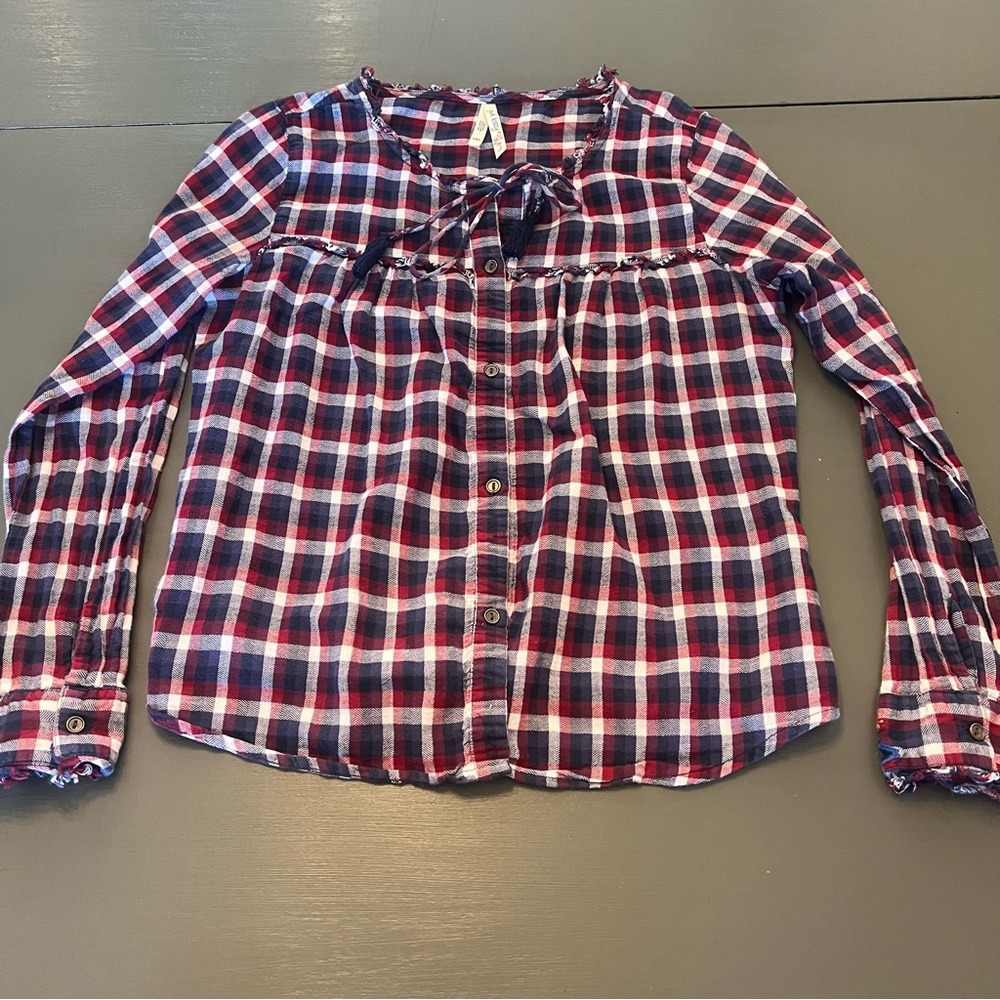 girl krazy Red Navy and White Plaid Button-Up Top